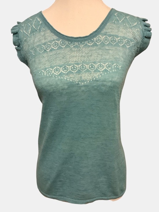 Yerse Tops - Yerse Linen Blend Knit Top Ruffle Sleeve Lace Detail Teal Size L NWT
